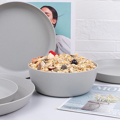 EI 12pcs Wheat Straw Dinnerware Set of 4,Plastic Plates Reuasble Unbreakable,Plastic Plates and Bowls Sets for Camping,Picninc,Family Dinner - color: Grey Wheat Straw Plates and Bowls