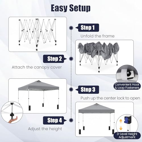 Tangkula 10 x10 Ft Pop Up Canopy with Center Lock, UPF 50+ One-Button Setup Outdoor Canopy Tent with Roller Bag, 4 Sand Bags, Heavy-Duty Steel Frame, 8 Stakes, 4 Ropes for Camping, Picnic - color: Gray