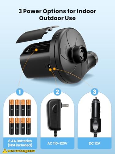 Dr.meter Air Mattress Pump, 3 Ways Powered Portable Electric Air Pump with 3-Nozzle AC 110V, DC 12V, Battery Operated Quick-Fill Inflator Deflator for Inflatable Pool Float Air Bed Boat Swimming Ring - style: HT-401