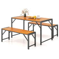 Tangkula 3 Pieces Patio Dining Set for 6 People, Outdoor Picnic Table & 2 Benches, 53” Acacia Wood Dining Table w/Metal Frame, Space-Saving Dinette Set for Garden Porch Poolside Yard Balcony