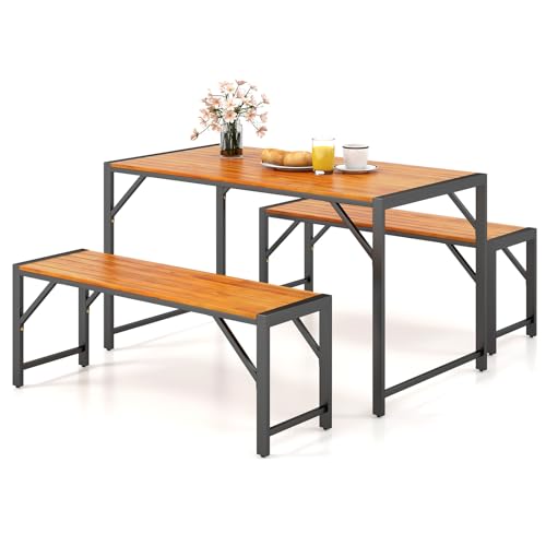 Tangkula 3 Pieces Patio Dining Set for 6 People, Outdoor Picnic Table & 2 Benches, 53” Acacia Wood Dining Table w/Metal Frame, Space-Saving Dinette Set for Garden Porch Poolside Yard Balcony