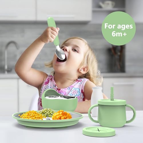 13 Pack Silicone Baby Feeding Set, BPA-Free Stainless Steel Toddler Feeding Supplies, Include Suction Plates, Baby Bowls, Silicone Fork & Spoon, and More, First Stage Baby Dish Set - 6+ Months - color: Green