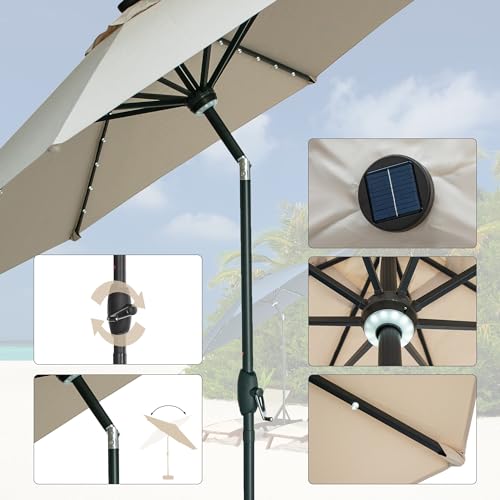 GDY 10Ft Patio Umbrella, Table Umbrella with 40 LED Lights, Outdoor Umbrellas for Patio, with Tilt and Crank, Center Light, for Garden, Deck, Backyard, Pool, and Beach. - color: Khaki