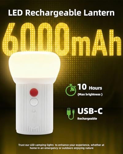 LED Rechargeable Camping Lantern with Hook - 6000mAh Emergency Outdoor Camping Lights, IPX5 Water Resistant Portable Tent Lights for Camping Hiking, Backpacking, Fishing, Outages (White) - color: White