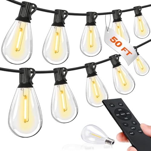 Tenmiro 50FT LED Outdoor String Lights with Remote,16+ 1 Shatterproof Bulbs Waterproof and Dimmable Patio Lights for Porch, Garden, Backyard, Deck, Balcony, 2700K, Hanging Lighting - size: 50FT-Remote