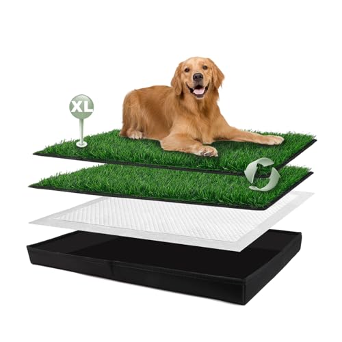 HQ4US 4LEGS Dog Grass Pad with Foldable Dog Litter Box, Extra Large Liner Base (44”×34”) for Balcony, 2 Artficial Grass Pee Pads for Dogs, Pee Pad Holder, Potty Training - size: X-large for Dog＜ 38" Length