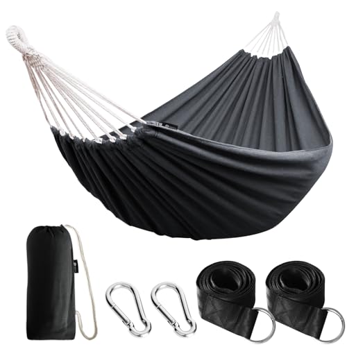ANYOO Cotton Hammock Portable Camping Hammocks for Hanging Sturdy Garden Comfortable Fabric Hammock with Tree Straps Up to 660lbs with Travel Bag for Camping Outdoor/Indoor Patio Backyard - color: Dark Grey