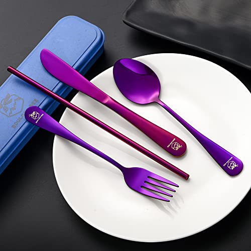 Boulder Bee | Travel Utensils Set | Reusable Camping Cutlery Set | Stainless Steel Flatware Set | Portable Silverware Set with Case | Includes Knife/Fork/Spoon/Straw/Cleaning Cloth/Case (Purple) - color: Purple