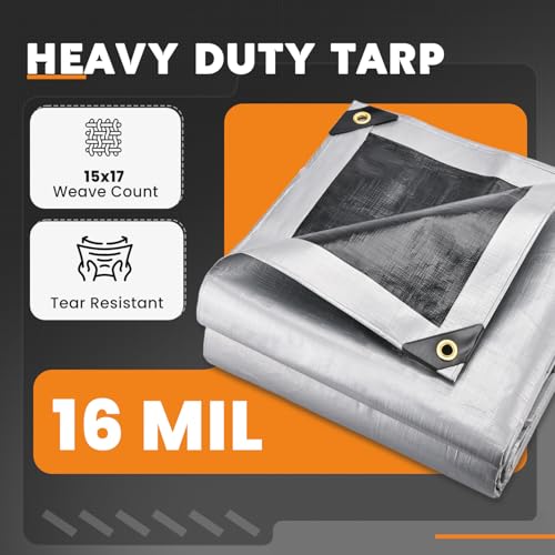 Keten Tarps Heavy Duty Waterproof 16X20 Feet, Extra Thick 16 Mil, Tear & Fade Resistant, UV Blocking, Outdoor Tarp with Reinforced Grommets for Roof, Camping, Patio, Pool, Boat(Silver/Black) - color: 16mil Sliver/Black, size: 16x20ft
