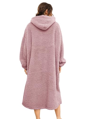 Sherpa Wearable Blanket Oversized Hoodie Sweatshirt TV Blanket with Long Sleeves and Pocket (DustyPink, One Size) - color: Dustypink