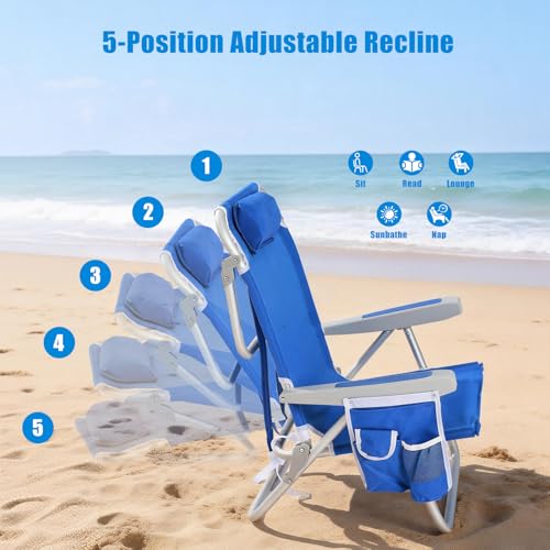 SUNNYFEEL Low Beach Chair, 5-Position Lay Flat Reclining, Backpack Portable Folding Chair with Cooler Bag & Cup Holder, Heavy Duty 350 LBS, Compact for Beach, Camping, Travel (New Blue) - color: Blue, size: 1-pack