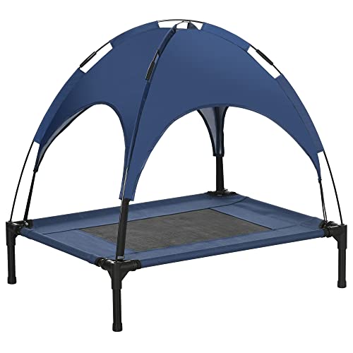 PawHut Elevated Dog Bed with Removable Canopy, Outdoor Dog Cot with UV Protection Canopy Shade, 30 inch Pet Bed for Camping, Dark Blue - color: Blue, size: 30 inch