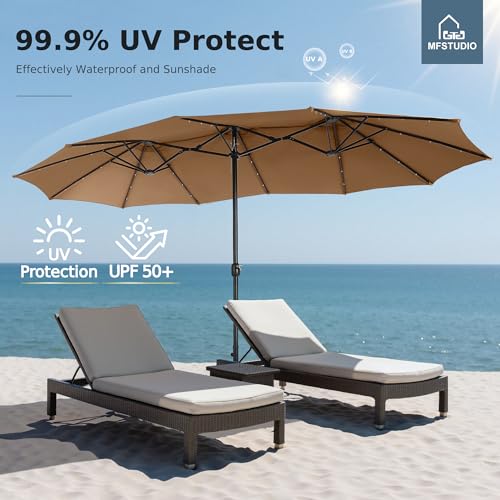 MFSTUDIO 15ft Double Sided Patio Umbrella with Solar Lights, Outdoor Large Umbrellas with Crank Handle and 36 LED Lights, Rectangular Market Umbrella with Base Included for Deck Pool Shade, Tawny - color: Tawny