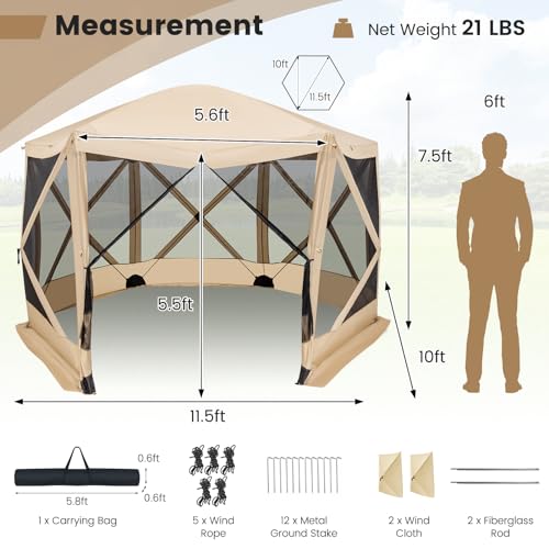 Tangkula 11.5x11.5 Ft Pop Up Gazebo with Netting, Portable Screen Tent with 6 Sided Mesh Walls, 2 Sunshade Cloths, Outdoor Instant Canopy Shelter with Carry Bag for Camping, Lawn, Backyard - color: Coffee, size: 11.5x11.5 Ft