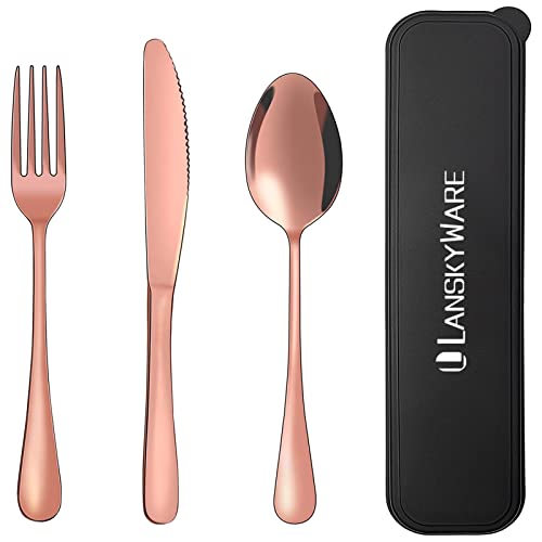 Portable Travel Utensils Set with Case,Reusable Office Flatware Set,Healthy Travel Cutlery Set 3 PCs Stainless Steel Fork, Spoon,Knife Cutlery Ideal for Travel, Lunch Box and Camping (Rose Gold-3PCs) - color: Rose Gold - 3 PCs