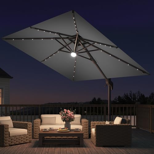 JZAC & QZYD 9x9 FT Outdoor Cantilever Patio Umbrella with Base Included and Solar LED Lights, Large Heavy Duty 2-Tier Square Aluminum Offset Umbrellas with 360-Degree Rotation for Pool Deck, Grey - color: Grey, size: 9'×9' - Weighted Base Included