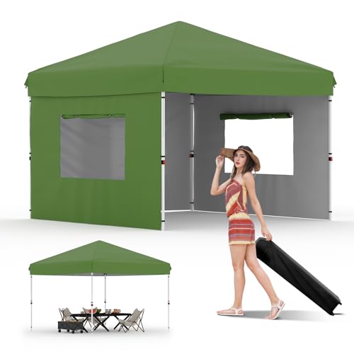10x10 Pop Up Canopy with 3 Sidewalls - Easy Up Camping Tent with One Button Push Setup - 1 Roller Bag, 3 Adjustable Height, 4 Weight Bags for Deck, Garden, Sports, Beach, Party - Green - color: Green, size: 10x10