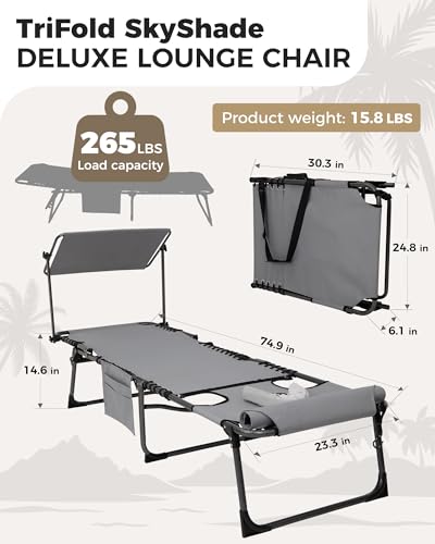KingCamp Tanning Chair with Face Hole, Lounge Chairs Outdoor Folding Comfy Adjustable 5-Position Foldable Chaise Chaser with Canopy Shade for Outside Beach Patio Sun Bathing Pool, Grey - color: C*skyshade Canopy——grey Canopy, style: oversized