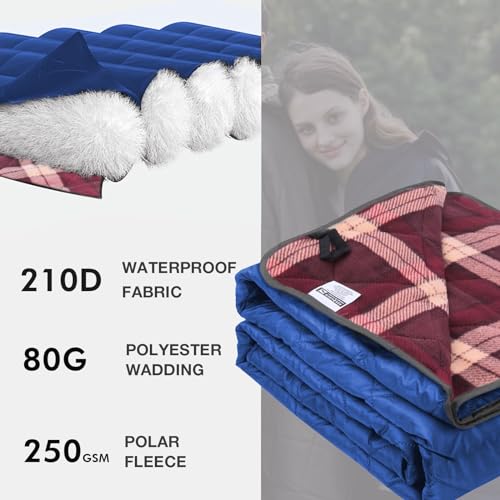 DUKUSEEK Waterproof Camping Blanket with Thick Fleece, Large Outdoor Blanket Windproof with Foldable Hood for Camping Stadium Sporting Events,79"x 58" - color: Dark Blue Outer With Red Plaid Fleece