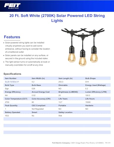 Feit Electric LED Solar Powered String Lights, Dusk-to-Dawn Sensor, 20ft Shatter Resistant Outdoor String Lights, Linkable, 2700K Warm White, 15,000-Hour Lifetime, SL20-10/SOL/V1, 11 Bulbs Included - color: Warm White, size: 20 ft, style: 10 Sockets