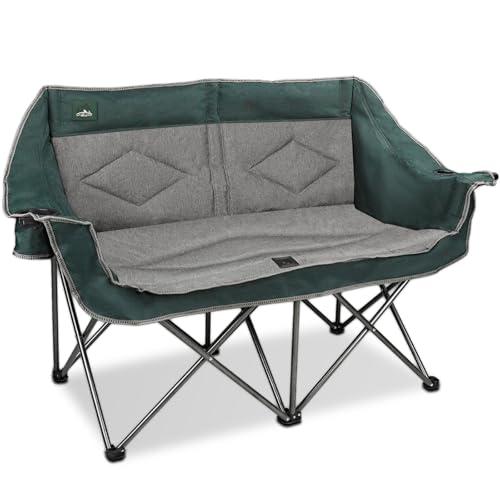 Northroad Folding Loveseat Camping Chair Portable Double Duo Full Padded Garden Chair for 2 Person Sofa w/ 2 Cup Holder,Wine Glass Holder,Mesh Storage,Support 600lbs for Picnic Beach Travel - color: Dark Green