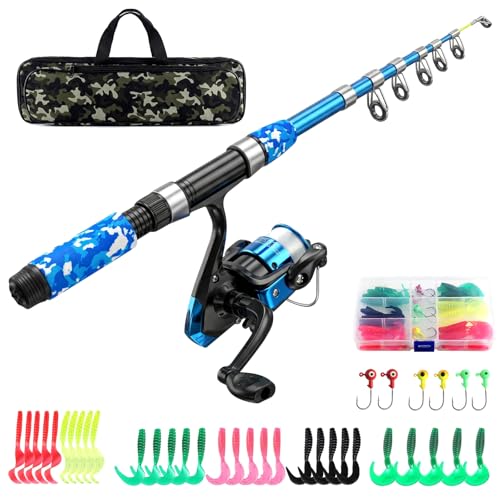 Kids Fishing Pole Set Fishing Rod and Reel Combos Ultralight Telescopic Fishing Rod+Spinning Reel+Lure Baits+Fishing Line with Mini Shark Bag for Boys Girls Youth Freshwater Saltwater - color: Blue, size: 1.5M/5FT