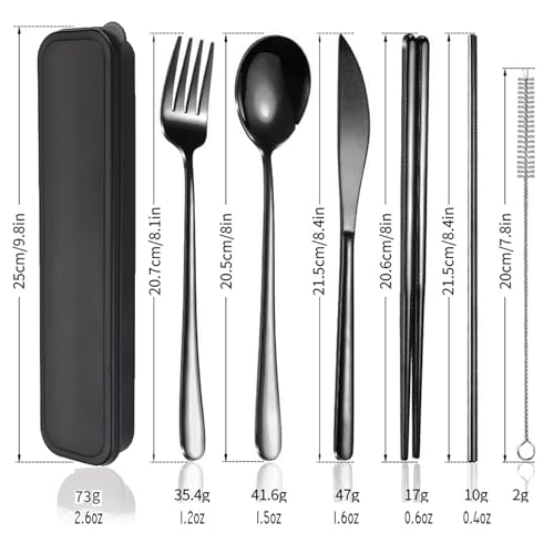 AARAINBOW 6 Pieces 18/8 Stainless Steel Flatware Set Portable Reusable Cutlery Set Travel Utensils Set Including Chopsticks Knife Fork Spoon Straws Cleaning Brush Dishwasher Safe (Black) - color: Black
