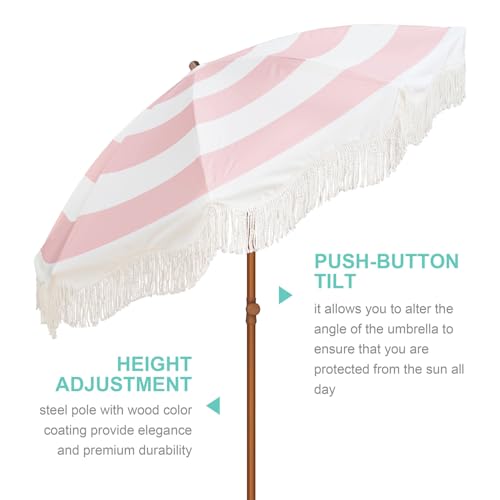 AMMSUN Boho Fringe Umbrella with Outdoor Blanket, 6.5ft UPF50+ Picnic Umbrella with Tassels with Steel Pole & Push Button Tilt, Pink Stripes - color: Pink Stripes with Blanket