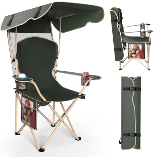 VTOY Portable Camping Chair with Canopy - Folding Chair with Canopy, Durable 600D Oxford Canopy Chair for Camping, Beach, Picnics, Fishing & Sports - color: 1pack Olive Green