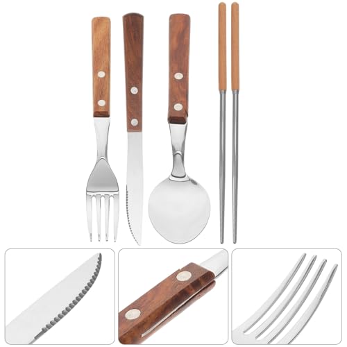 Stainless Steel Flatware Set with Wooden Handles, Fork Spoon Knife Chopstick Kit, Portable Camping Cutlery Set with Gray Carrying Bag for Outdoor Dining and Western Restaurant Use