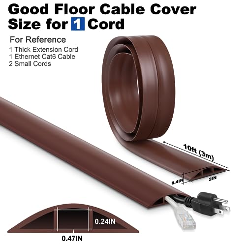 10FT Floor Cord Cover, Brown Cord Hider Floor, Durable Cord Covers for Wires on Floor, Cable Floor Cover Power Cord Cover, Floor Cord Protector Hide Cords on Floor Cord Cavity: 0.47" W x 0.24" H - color: Brown, size: W2" × L10'