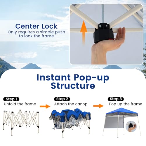 Tangkula 7x7 Ft Pop Up Canopy with Center Lock, UPF50+ Slant Leg Outdoor Tent with Sidewall, Carry Bag & 4 Stakes, Compact Portable Canopy Tent for Hiking Camping Fishing & Picnic (Blue) - color: Blue, size: 7x7 Ft