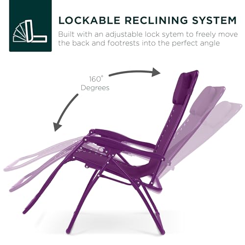 Best Choice Products Oversized Zero Gravity Chair, Folding Outdoor Patio Lounge Recliner w/Cup Holder Accessory Tray, Pillow - Amethyst - color: Amethyst