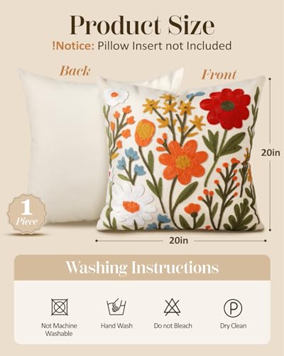 Embroidered Throw Pillow Cover 20x20 Inch - Spring Summer Boho Decorative Pillow Cover with Zipper for Living Room Couch Sofa Bed Aesthetic Design Flower Cluster Cushion Pillowcase - color: Flower Cluster, size: 20" x 20" (Pack of 1)