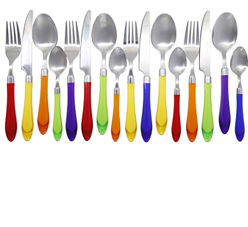 The Original Brink House Rainbow Mix & Match Stainless Steel Cutlery Set with Translucent Handles / 16 pieces with Metal Stand/Lifestyle utensils set for home, first apartment, dorm, outdoor events - color: Rainbow Assortment, size: Service for 4 (16 pcs)