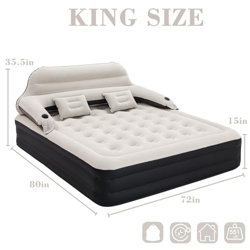 King Size Air Mattress Inflatable Bed with Pump and Headboard, Blow Up Mattress - size: King