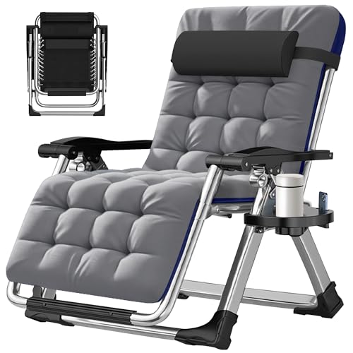 ABORON Oversized Zero Gravity Chair,29In XL Premium Outdoor Lawn Folding Lounge Chairs,Sturdy Adjustable Reclining Patio Chairs with Removable Cushion,Headrest & Tray - color: Upgrade Light Gray