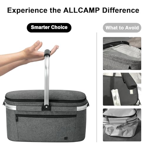 ALLCAMP Picnic Basket - 2 Ice Box Included 32L Insulated Cooler, Thickening Foldable Picnic Basket with Removable Baskets & Sewn-in Frame, Basket for House Warming Gifts New Home(Smoke Gray) - color: Smoke Gray, size: Large