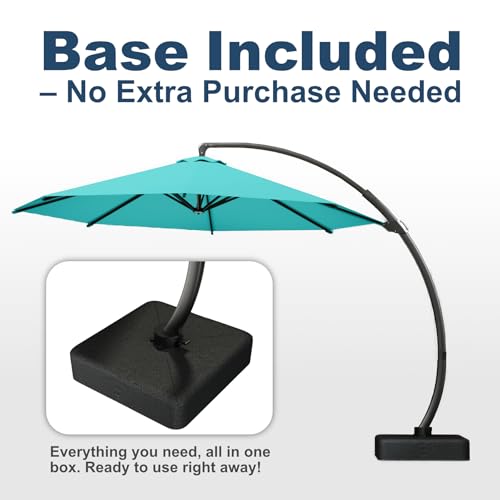 12FT Cantilever Umbrella with Base Large Curvy Outdoor Aluminum Offset Umbrella w/ 360° Rotation, UV Resistant Canopy for Patio, Garden, Backyard, Turquoise Blue - color: Turquoise Blue, size: 12FT