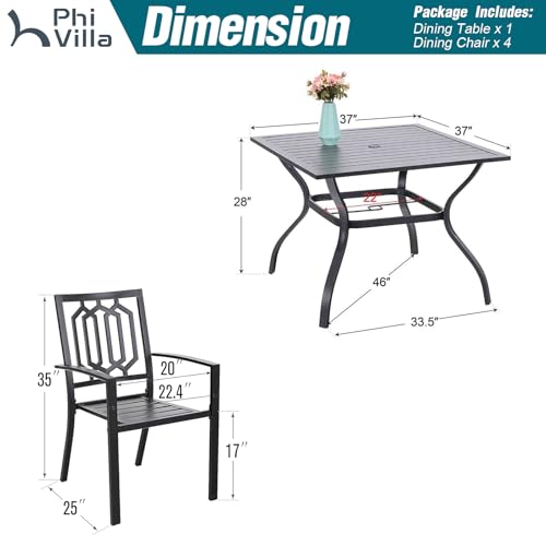 PHI VILLA 5 Pieces Outdoor Dining Set for 4, 37” Black Square Wrought Iron Table with Umbrella Hole & Stackable Chairs, Outside Metal Furniture for Patio, Deck, Yard, Porch - color: Hexagon Back Chair, size: 5pcs-37" Steel Table