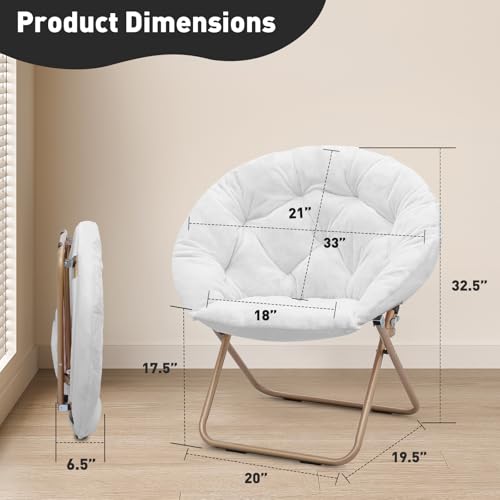 MoNiBloom Round Folding Faux Fur Saucer Chair for Bedroom Living Room Dorm Foldable Metal Frame Oversized Large Comfy Furry Padded Soft Lounge Lazy Cozy Moon Chair for Adults (White, 2 Pieces) - color: White