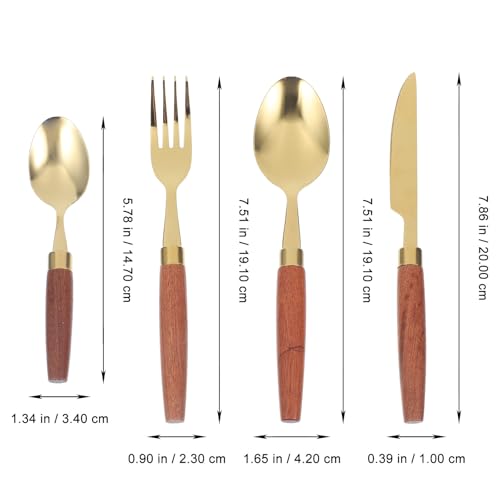 DOITOOL Portable Outdoor Picnic Flatware Set 4pcs Stainless Steel Fork Spoon Knife with Vintage Wood Handles and Gray Carrying Bag for Camping Hiking Dining