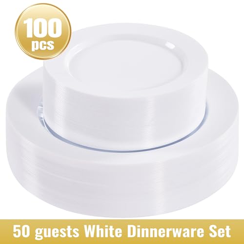 Fijinhom 100PCS White Disposable Plates for 50 Guests Including 50PCS 10" Dinner Plates & 50PCS 7" Dessert Plates, White - color: White, size: 50 Guests-100pcs