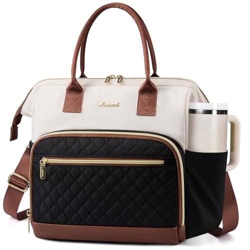 LOVEVOOK Lunch Bag Women, Insulated Adult Lunch Box for Women Work, Wide Opening Leakproof Cooler Tote Bag for Office Campus Picnic Beach with Shoulder Strap, Loncheras Para Mujer with Cup Holder - color: Black-White-Brown, size: X Large—20L