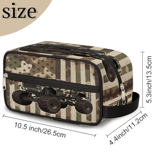 Travel Toiletry Bag for Boys Kids - Monster Truck Camo Flag Waterproof Hanging Cosmetic Hygiene Bags Lightweight Large Shave Kit for Toiletries Accessories Bathroom Stuff, Gifts for Men - color: Camouflage Monster Truck American Flag