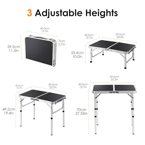 Folding Picnic Table 2ft Portable Camping Table Adjustable Heights Metal Aluminum Lightweight Foldable Small Outdoor Card Table with Carry Handle for Outside Indoor Camp Cooking BBQ Beach(Black) - color: Black
