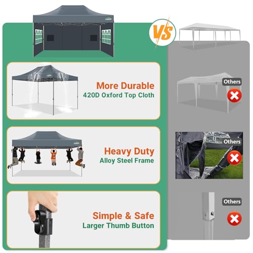 COBIZI 10x15 Heavy Duty Pop Up Canopy Tent with 4 Sidewalls Thicken Frame, Commercial Easy Up Outdoor Wedding Party Tents, All Season Waterproof Windproof with Stakes Sandbags Ropes Bag, Gray - color: Gray, size: 10x15