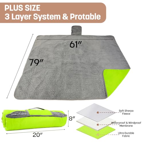 Tirrinia Waterproof Outdoor Blanket with Sherpa Lining, Windproof Triple Layers Warm Comfy Foldable for Camping Stadium, Beach, Picnic, Grass, Concerts, Car, Dog, 51''X 59'' & 59''X 80'' - color: Neon Yellow-green/Grey, size: 59” X 80”