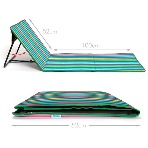 just be... Beach Sun Mat Folding Lightweight Portable Adjustable Sunbathing Recliner with Backrest Support and Valuables Pocket for Holidays Garden Camping Park Festivals - Dark Multicolour Stripes - color: Dark Multicolour Stripes