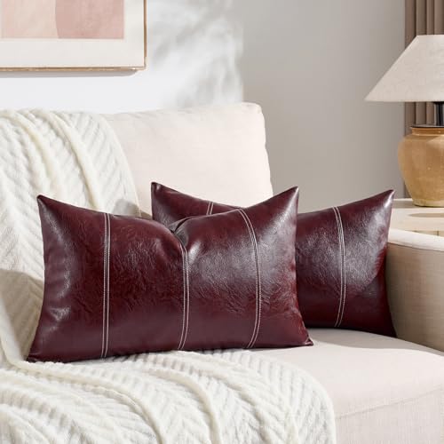 Fancy Homi 2 Packs Burgundy Lumbar Faux Leather Decorative Throw Pillow Covers 12x20 Inch for Outdoor Couch Bed, Modern Farmhouse Boho Home Decor, Wine Red Hand Stitched Cushion Case 30x50 cm - color: Burgundy, size: 20" x 12" (Pack of 2)